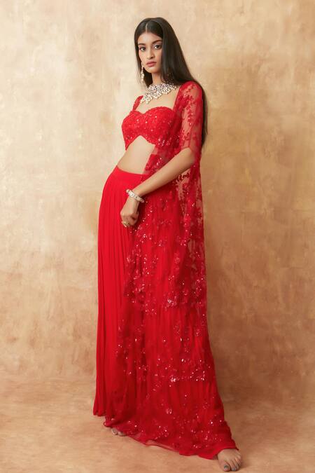 Buy_Premya By Manishii_Red Tulle, Viscose Sequins, Beads Sweetheart Embroidered Cape Flared Pant Set 