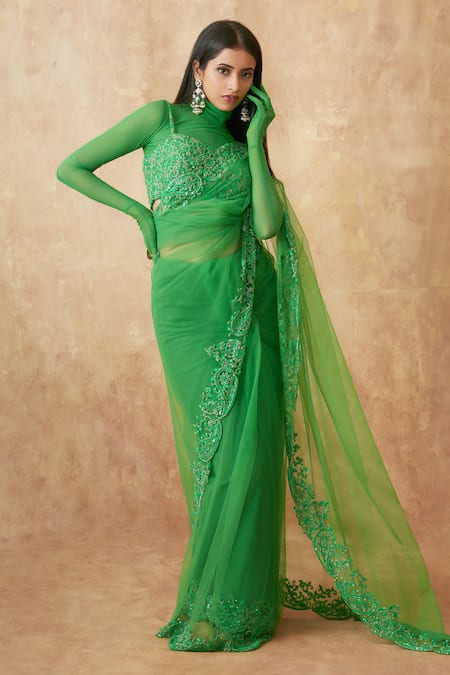 Premya By Manishii Green Tulle Cut Work, Sequins, Paisley Border Embroidered Saree With Blouse 