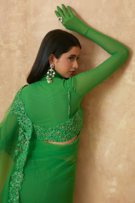 Shop_Premya By Manishii_Green Tulle Cut Work, Sequins, Paisley Border Embroidered Saree With Blouse _at_Aza_Fashions