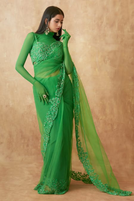 Premya By Manishii_Green Tulle Cut Work, Sequins, Paisley Border Embroidered Saree With Blouse _Online_at_Aza_Fashions