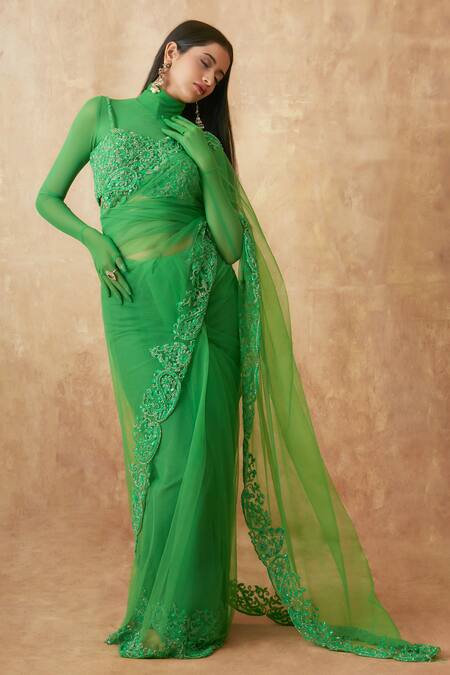 Buy_Premya By Manishii_Green Tulle Cut Work, Sequins, Paisley Border Embroidered Saree With Blouse _Online_at_Aza_Fashions