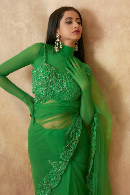 Shop_Premya By Manishii_Green Tulle Cut Work, Sequins, Paisley Border Embroidered Saree With Blouse _Online_at_Aza_Fashions
