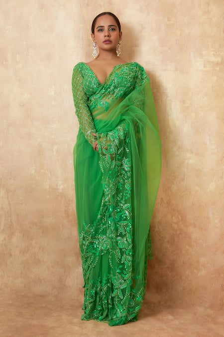 Premya By Manishii Green Tulle Embroidery, Sequins Plunge Neck Floral Border Saree With Blouse 
