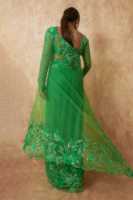 Shop Premya By Manishii Green Tulle Embroidery, Sequins Plunge Neck Floral Border Saree With Blouse at Aza Fashions Shop_Premya By Manishii_Green Tulle Embroidery, Sequins Plunge Neck Floral Border Saree With Blouse _at_Aza_Fashions