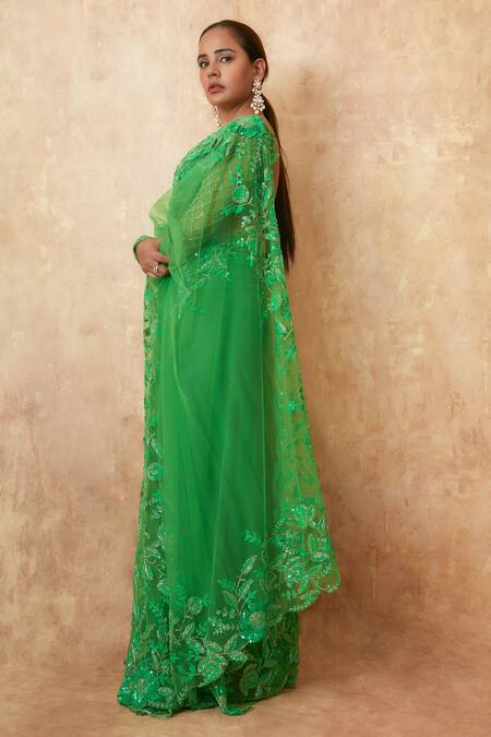 Premya By Manishii Green Tulle Embroidery, Sequins Plunge Neck Floral Border Saree With Blouse Online at Aza Fashions Premya By Manishii_Green Tulle Embroidery, Sequins Plunge Neck Floral Border Saree With Blouse _Online_at_Aza_Fashions