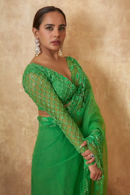 Buy Premya By Manishii Green Tulle Embroidery, Sequins Plunge Neck Floral Border Saree With Blouse Online at Aza Fashions Buy_Premya By Manishii_Green Tulle Embroidery, Sequins Plunge Neck Floral Border Saree With Blouse _Online_at_Aza_Fashions