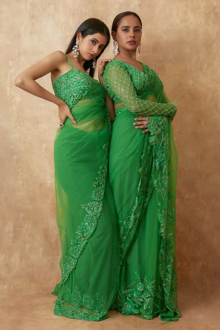 Premya By Manishii Green Tulle Embroidery, Sequins Plunge Neck Floral Border Saree With Blouse at Aza Fashions Premya By Manishii_Green Tulle Embroidery, Sequins Plunge Neck Floral Border Saree With Blouse _at_Aza_Fashions