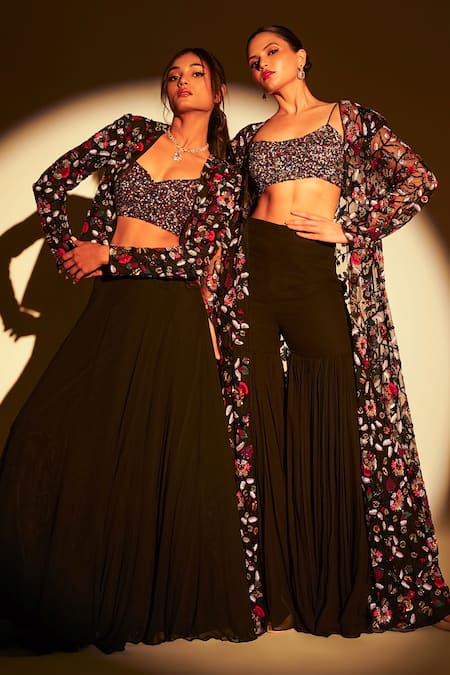 Buy_Premya By Manishii_Black Organza, Tulle Embroidery, Sequins Open Hand Short Jacket Lehenga Set _Online_at_Aza_Fashions