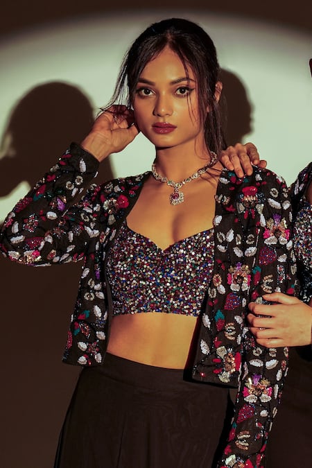 Shop_Premya By Manishii_Black Organza, Tulle Embroidery, Sequins Open Hand Short Jacket Lehenga Set _Online_at_Aza_Fashions