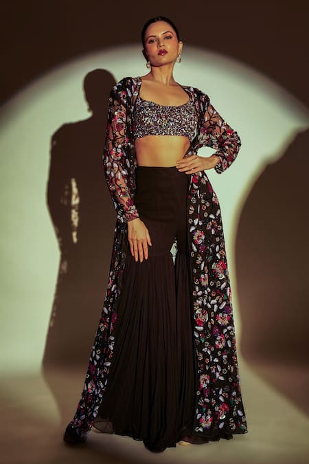 Premya By Manishii Floral Hand Embroidered Jacket Sharara Set 