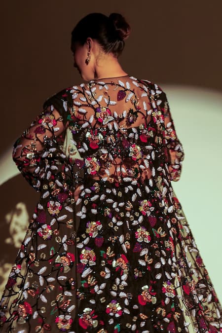 Shop_Premya By Manishii_Black Tulle, Georgette Sequins, Beads Floral Hand Embroidered Jacket Sharara Set _at_Aza_Fashions