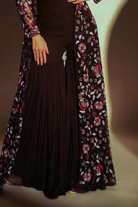 Premya By Manishii_Black Tulle, Georgette Sequins, Beads Floral Hand Embroidered Jacket Sharara Set _Online_at_Aza_Fashions
