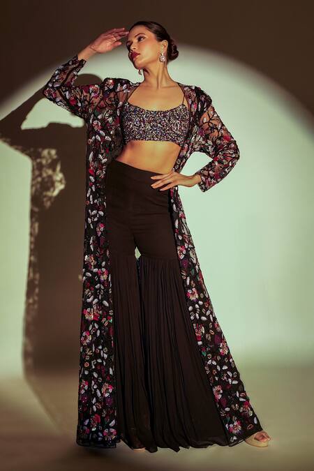 Buy_Premya By Manishii_Black Tulle, Georgette Sequins, Beads Floral Hand Embroidered Jacket Sharara Set _Online_at_Aza_Fashions
