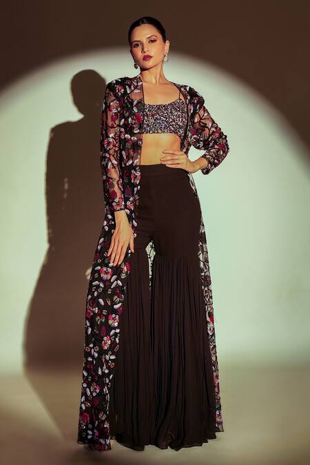 Shop_Premya By Manishii_Black Tulle, Georgette Sequins, Beads Floral Hand Embroidered Jacket Sharara Set _Online_at_Aza_Fashions