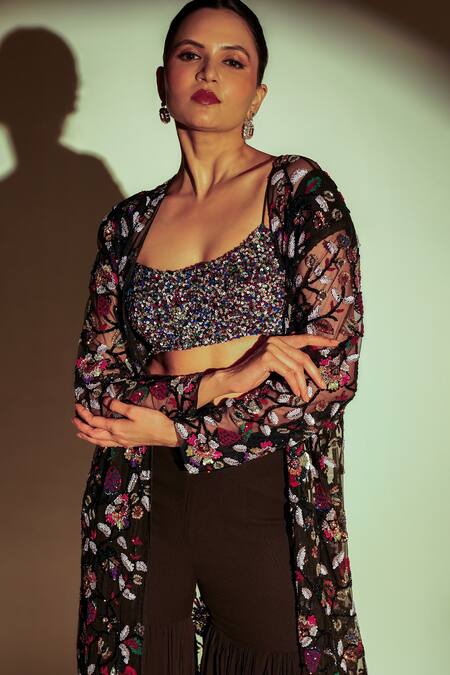 Premya By Manishii_Black Tulle, Georgette Sequins, Beads Floral Hand Embroidered Jacket Sharara Set _at_Aza_Fashions
