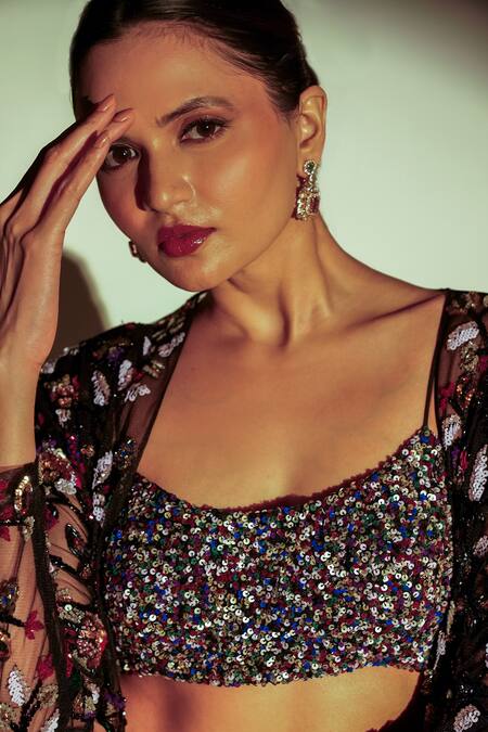 Buy_Premya By Manishii_Black Tulle, Georgette Sequins, Beads Floral Hand Embroidered Jacket Sharara Set 