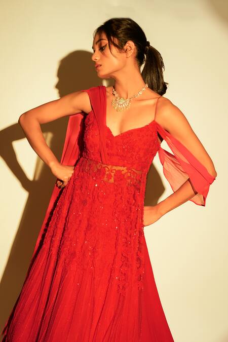 Buy Premya By Manishii Red Viscose, Georgette, Tulle Sequins, Embroidery Floral Anarkali With Lehenga Online at Aza Fashions Buy_Premya By Manishii_Red Viscose, Georgette, Tulle Sequins, Embroidery Floral Anarkali With Lehenga _Online_at_Aza_Fashions