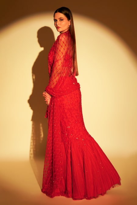 Shop Premya By Manishii Red Tulle, Georgette Embroidery, Sequins, Cut Floral Mermaid Skirt Bustier Set at Aza Fashions Shop_Premya By Manishii_Red Tulle, Georgette Embroidery, Sequins, Cut Floral Mermaid Skirt Bustier Set _at_Aza_Fashions