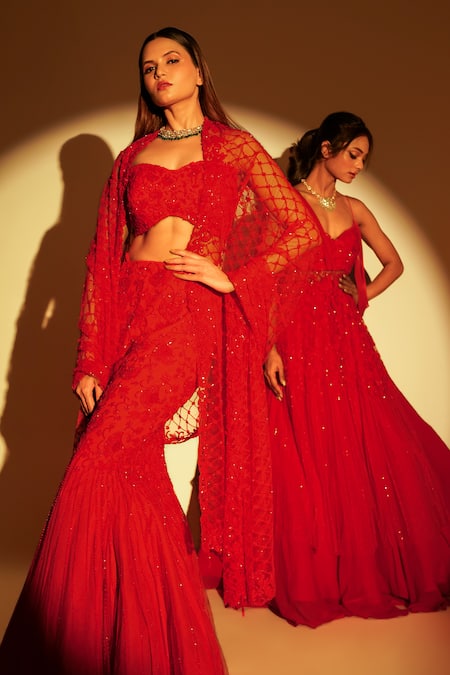 Premya By Manishii Red Tulle, Georgette Embroidery, Sequins, Cut Floral Mermaid Skirt Bustier Set Online at Aza Fashions Premya By Manishii_Red Tulle, Georgette Embroidery, Sequins, Cut Floral Mermaid Skirt Bustier Set _Online_at_Aza_Fashions