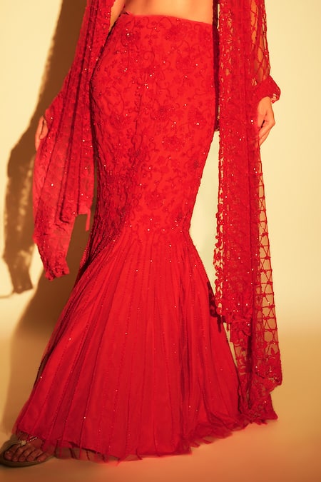 Buy Premya By Manishii Red Tulle, Georgette Embroidery, Sequins, Cut Floral Mermaid Skirt Bustier Set Online at Aza Fashions Buy_Premya By Manishii_Red Tulle, Georgette Embroidery, Sequins, Cut Floral Mermaid Skirt Bustier Set _Online_at_Aza_Fashions