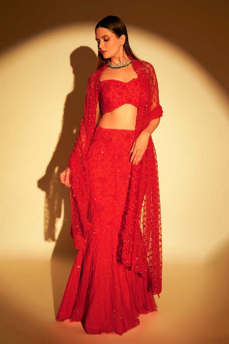 Shop Premya By Manishii Red Tulle, Georgette Embroidery, Sequins, Cut Floral Mermaid Skirt Bustier Set Online at Aza Fashions Shop_Premya By Manishii_Red Tulle, Georgette Embroidery, Sequins, Cut Floral Mermaid Skirt Bustier Set _Online_at_Aza_Fashions