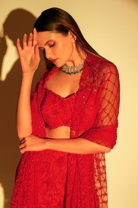 Premya By Manishii Red Tulle, Georgette Embroidery, Sequins, Cut Floral Mermaid Skirt Bustier Set at Aza Fashions Premya By Manishii_Red Tulle, Georgette Embroidery, Sequins, Cut Floral Mermaid Skirt Bustier Set _at_Aza_Fashions