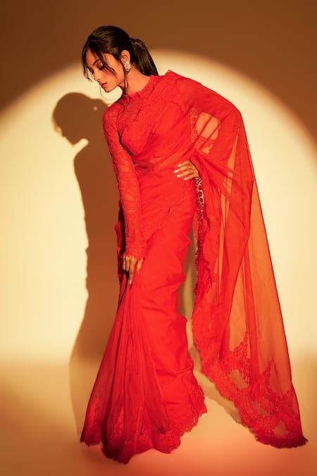 Shop Premya By Manishii Red Tulle, Organza Embroidery High Neck Lace Hand Saree With Blouse at Aza Fashions Shop_Premya By Manishii_Red Tulle, Organza Embroidery High Neck Lace Hand Saree With Blouse _at_Aza_Fashions