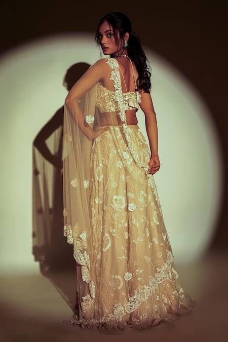 Shop_Premya By Manishii_Peach Tulle, Organza Sequins, Beads, Embroidery Polo Floral Bloom Lehenga Set _at_Aza_Fashions