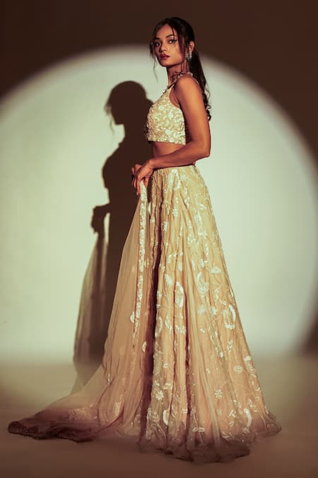 Premya By Manishii_Peach Tulle, Organza Sequins, Beads, Embroidery Polo Floral Bloom Lehenga Set _Online_at_Aza_Fashions