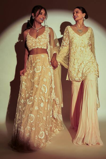 Buy_Premya By Manishii_Peach Tulle, Organza Sequins, Beads, Embroidery Polo Floral Bloom Lehenga Set _Online_at_Aza_Fashions
