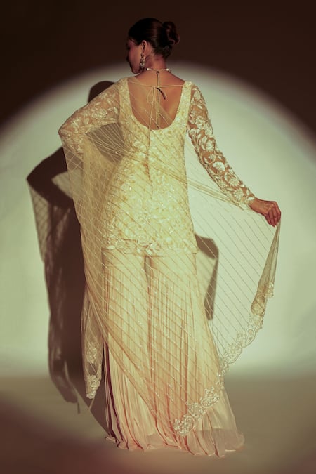 Shop Premya By Manishii Peach Tulle, Georgette Sequins, Embroidery, Cut Floral Hand Kurta Sharara Set at Aza Fashions Shop_Premya By Manishii_Peach Tulle, Georgette Sequins, Embroidery, Cut Floral Hand Kurta Sharara Set _at_Aza_Fashions