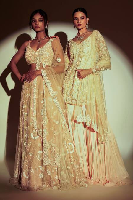 Buy Premya By Manishii Peach Tulle, Georgette Sequins, Embroidery, Cut Floral Hand Kurta Sharara Set Online at Aza Fashions Buy_Premya By Manishii_Peach Tulle, Georgette Sequins, Embroidery, Cut Floral Hand Kurta Sharara Set _Online_at_Aza_Fashions