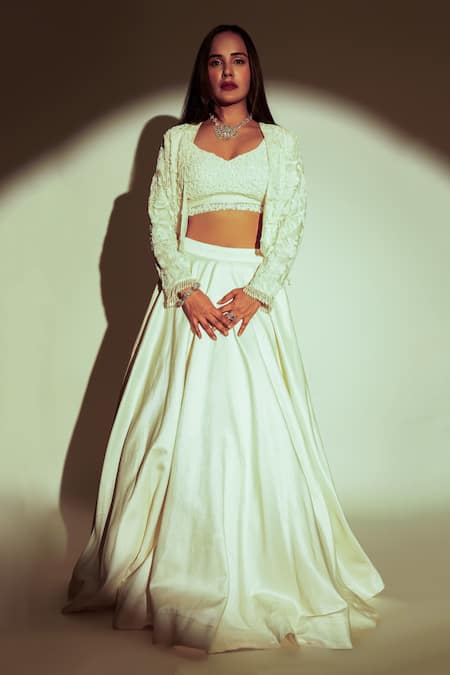 Premya By Manishii Ivory Tulle Hand Embroidery Sequins Jacket Open Neck Short Bolero Skirt Set