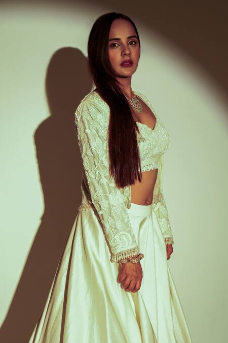 Premya By Manishii Ivory Satin, Tulle Sequins, Hand Embroidered Short Bolero Jacket Skirt Set Online at Aza Fashions Premya By Manishii_Ivory Satin, Tulle Sequins, Hand Embroidered Short Bolero Jacket Skirt Set _Online_at_Aza_Fashions