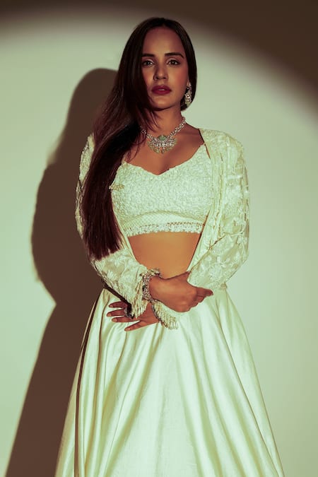 Buy Premya By Manishii Ivory Satin, Tulle Sequins, Hand Embroidered Short Bolero Jacket Skirt Set Online at Aza Fashions Buy_Premya By Manishii_Ivory Satin, Tulle Sequins, Hand Embroidered Short Bolero Jacket Skirt Set _Online_at_Aza_Fashions