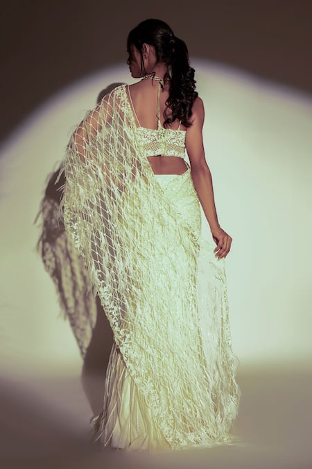 Shop_Premya By Manishii_Ivory Tulle Sequins, Cut Work Pre-stitched Jaal Embroidered Saree With Blouse _at_Aza_Fashions