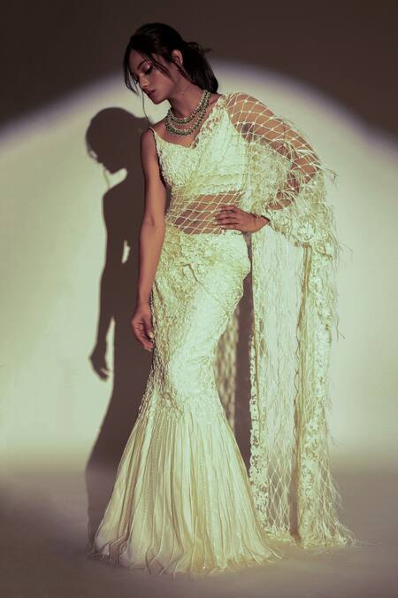 Premya By Manishii_Ivory Tulle Sequins, Cut Work Pre-stitched Jaal Embroidered Saree With Blouse _Online_at_Aza_Fashions