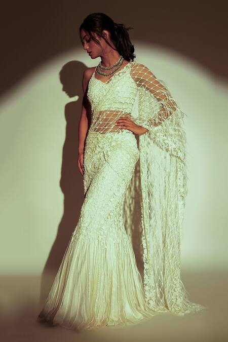 Buy_Premya By Manishii_Ivory Tulle Sequins, Cut Work Pre-stitched Jaal Embroidered Saree With Blouse _Online_at_Aza_Fashions