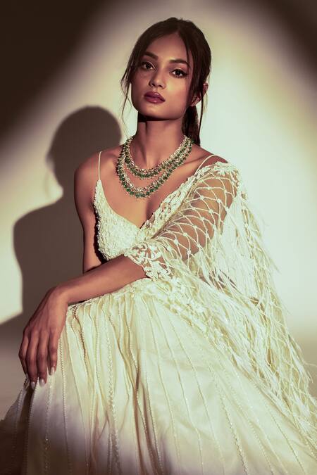 Shop_Premya By Manishii_Ivory Tulle Sequins, Cut Work Pre-stitched Jaal Embroidered Saree With Blouse _Online_at_Aza_Fashions