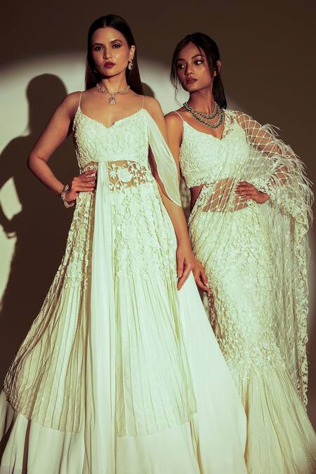 Premya By Manishii_Ivory Tulle Sequins, Cut Work Pre-stitched Jaal Embroidered Saree With Blouse _at_Aza_Fashions