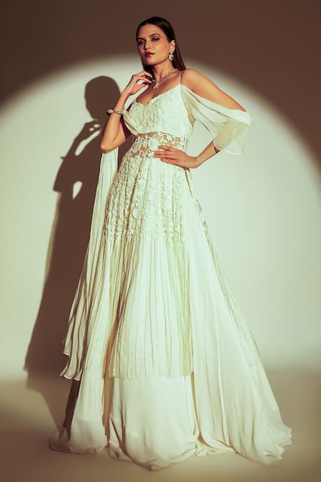 Shop Premya By Manishii Ivory Tulle, Georgette Sequins, Embroidery, Floral Hand Anarkali With Lehenga at Aza Fashions Shop_Premya By Manishii_Ivory Tulle, Georgette Sequins, Embroidery, Floral Hand Anarkali With Lehenga _at_Aza_Fashions