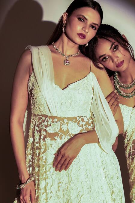 Premya By Manishii Ivory Tulle, Georgette Sequins, Embroidery, Floral Hand Anarkali With Lehenga Online at Aza Fashions Premya By Manishii_Ivory Tulle, Georgette Sequins, Embroidery, Floral Hand Anarkali With Lehenga _Online_at_Aza_Fashions
