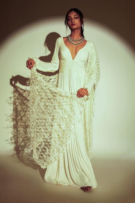 Shop Premya By Manishii Ivory Viscose, Georgette, Pleated Anarkali With Jaal Hand Embroidered Dupatta at Aza Fashions Shop_Premya By Manishii_Ivory Viscose, Georgette, Pleated Anarkali With Jaal Hand Embroidered Dupatta _at_Aza_Fashions