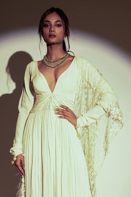 Premya By Manishii Ivory Viscose, Georgette, Pleated Anarkali With Jaal Hand Embroidered Dupatta Online at Aza Fashions Premya By Manishii_Ivory Viscose, Georgette, Pleated Anarkali With Jaal Hand Embroidered Dupatta _Online_at_Aza_Fashions