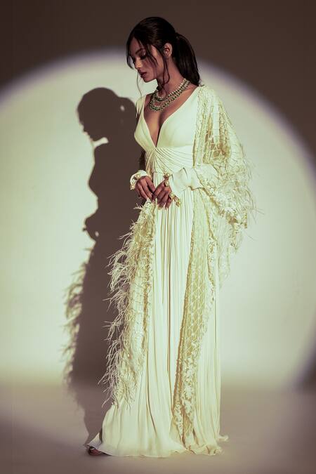 Buy Premya By Manishii Ivory Viscose, Georgette, Pleated Anarkali With Jaal Hand Embroidered Dupatta Online at Aza Fashions Buy_Premya By Manishii_Ivory Viscose, Georgette, Pleated Anarkali With Jaal Hand Embroidered Dupatta _Online_at_Aza_Fashions