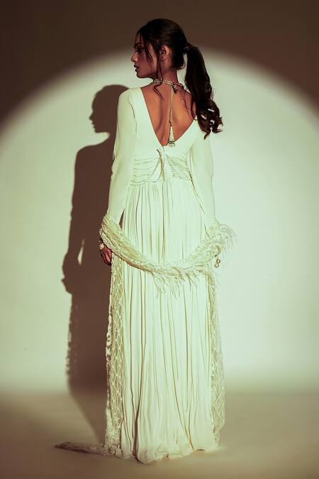 Shop Premya By Manishii Ivory Viscose, Georgette, Pleated Anarkali With Jaal Hand Embroidered Dupatta Online at Aza Fashions Shop_Premya By Manishii_Ivory Viscose, Georgette, Pleated Anarkali With Jaal Hand Embroidered Dupatta _Online_at_Aza_Fashions