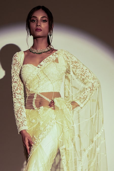 Premya By Manishii Ivory Tulle Sequins, Cut Work, Embroidery Sweetheart Hand Saree With Blouse Online at Aza Fashions Premya By Manishii_Ivory Tulle Sequins, Cut Work, Embroidery Sweetheart Hand Saree With Blouse _Online_at_Aza_Fashions