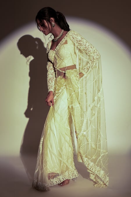 Buy Premya By Manishii Ivory Tulle Sequins, Cut Work, Embroidery Sweetheart Hand Saree With Blouse Online at Aza Fashions Buy_Premya By Manishii_Ivory Tulle Sequins, Cut Work, Embroidery Sweetheart Hand Saree With Blouse _Online_at_Aza_Fashions