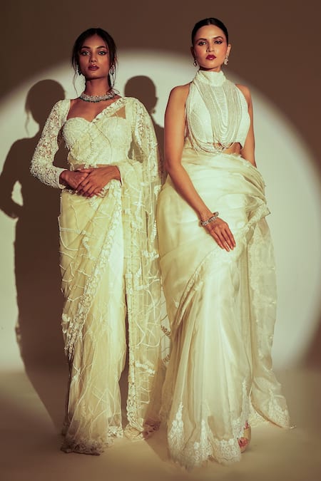 Shop Premya By Manishii Ivory Tulle Sequins, Cut Work, Embroidery Sweetheart Hand Saree With Blouse Online at Aza Fashions Shop_Premya By Manishii_Ivory Tulle Sequins, Cut Work, Embroidery Sweetheart Hand Saree With Blouse _Online_at_Aza_Fashions