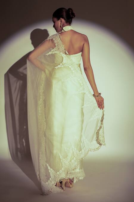 Shop_Premya By Manishii_Ivory Tulle, Organza Lace, Pearls, Beads Hand Embroidered Saree With Blouse _at_Aza_Fashions